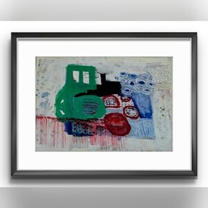 Original Abstract Green and Red Art  9x12